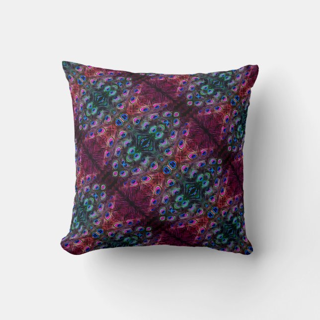 Boho Teal och Burgundy Peacock Kaleidoscope Kudde (Framsida)
