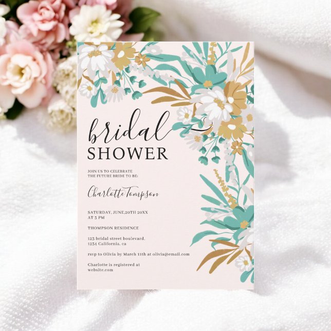 Boho Teal och Guld Blommigt Romantic Möhippa Inbjudningar (Boho Teal and Gold Floral Romantic Bridal Shower Invitation)