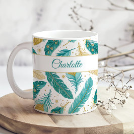 Boho Teal och Guld Feathers Script Namn Kaffemugg