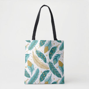 Boho Teal och Guld Feathers Tygkasse