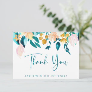 Boho teal och guld vattenfärg blomstermönster skrä tack kort