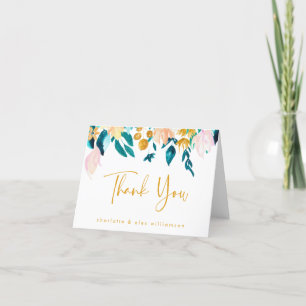 Boho Teal och Guld Watercolor Flowers Bröllop Tack Kort