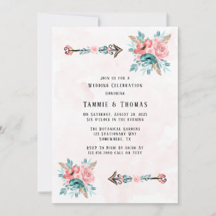 Boho Teal & Rosa Peony Flowers Arrows Bröllop Inbjudningar