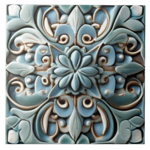 Boho Teal Turcos Faux Relief Botanical Flower Kakelplatta