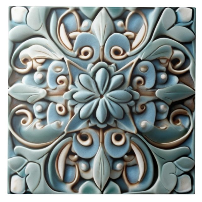 Boho Teal Turcos Faux Relief Botanical Flower Kakelplatta (Framsidan)
