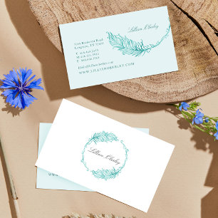 Boho Teal Watercolor Blommigt Feather Vapensköld U Visitkort