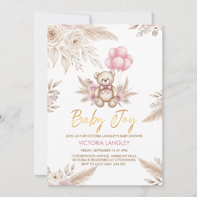Boho Teddy Bear Baby Shower Invitation Inbjudningar (Framsida)