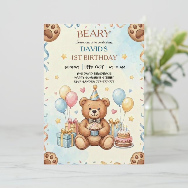 Boho Teddy Bear Beary First 1st Birthday Party Inbjudningar (Stående Fram)