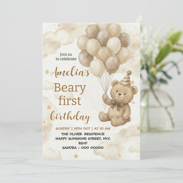 Boho Teddy Bear Beary First 1st Birthday Party Inbjudningar (Stående Fram)