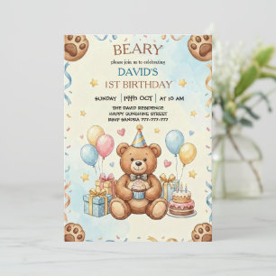 Boho Teddy Bear Beary Första 1:a Födelsedagsfest Inbjudningar