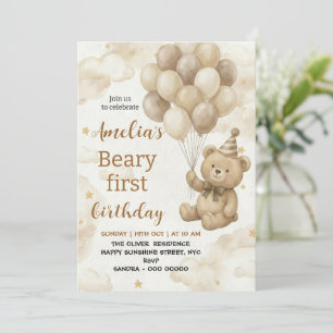 Boho Teddy Bear Beary Första 1:a Födelsedagsfirand Inbjudningar