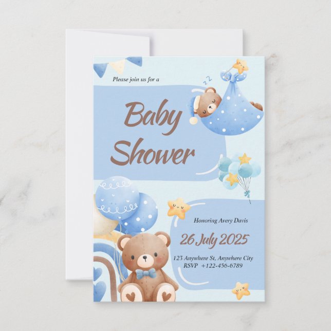 Boho Teddy Bear Boy Blue Baby Shower Invitation Inbjudningar (Framsida)