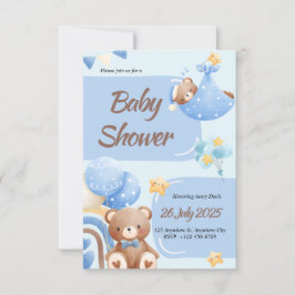 Boho Teddy Bear Boy Blue Baby Shower Invitation Inbjudningar