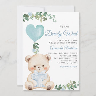 Boho Teddy Bear Boy Blue Bearly Wait Baby Shower  Inbjudningar