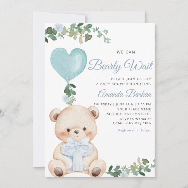 Boho Teddy Bear Boy Blue Bearly Wait Baby Shower  Inbjudningar (Framsida)