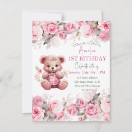 Boho Teddy Bear Girl Pink Bear Floral Birthday Inbjudningar