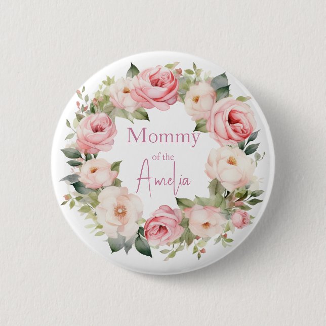 Boho Teddy Bear Girl Pink Bear Floral Birthday  Knapp (Framsida)