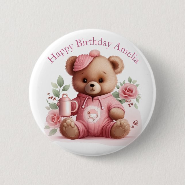 Boho Teddy Bear Girl Pink Bear Floral Birthday  Knapp (Framsida)