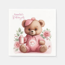 Boho Teddy Bear Girl Pink Bear Floral Birthday 