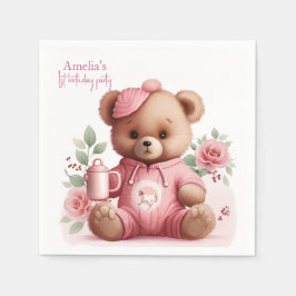 Boho Teddy Bear Girl Pink Bear Floral Birthday  Pappersservett