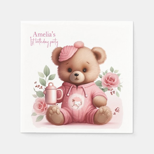 Boho Teddy Bear Girl Pink Bear Floral Birthday  Pappersservett (Framsidan)