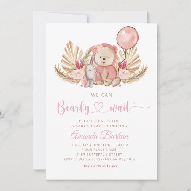  Boho Teddy Bear Girl Pink Bearly Wait Baby Shower Inbjudningar (Framsida)