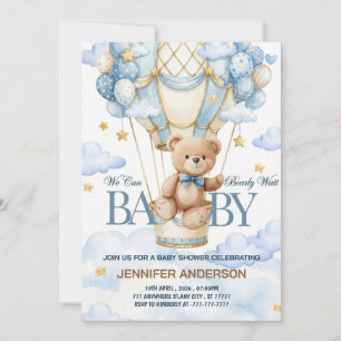 Boho Teddy Bear Pojke Blå Nappt Väntar Baby Shower Inbjudningar