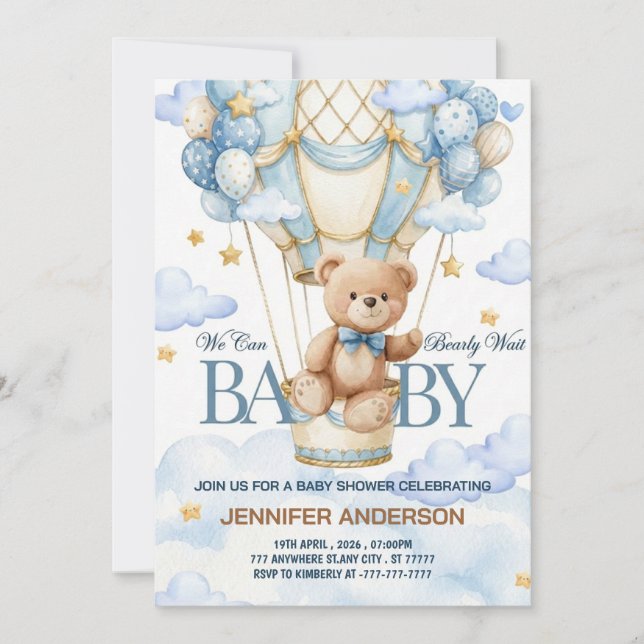 Boho Teddy Bear Pojke Blå Nappt Väntar Baby Shower Inbjudningar (Framsida)