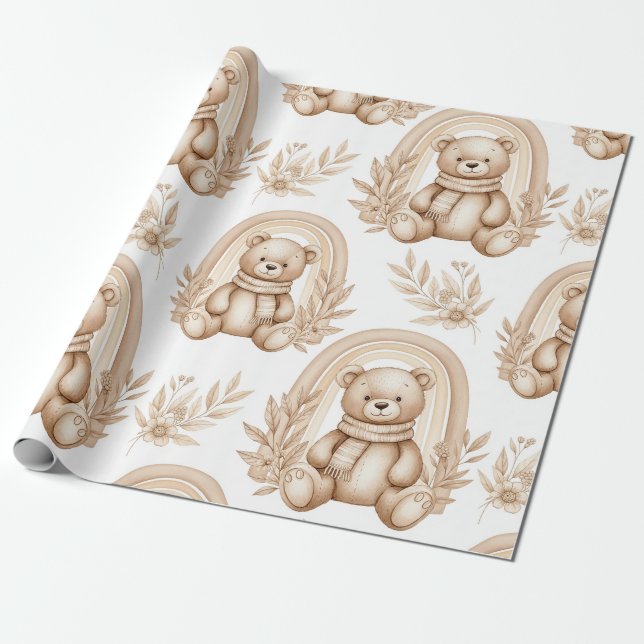 Boho Teddy Bear Rainbow Neutral Floral Presentpapper (Utrullad)