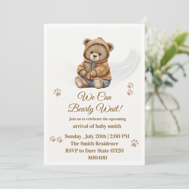 Boho Teddy Bear "Vi kan knappt vänta" Baby Shower. Inbjudningar (Stående Fram)