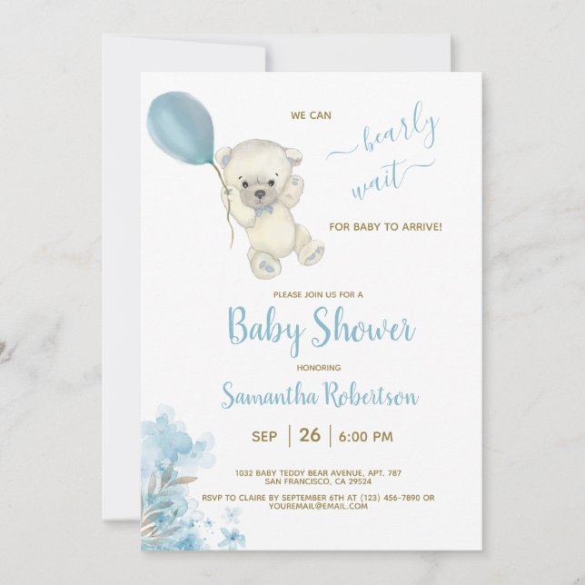 Boho Teddy Polar Bear Blue Balloon Boy Shower Inbjudningar (Framsida)
