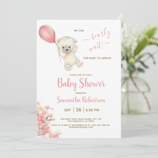 Boho Teddy Polar Bear Rosa Balloon Baby Shower Inbjudningar (Stående Fram)