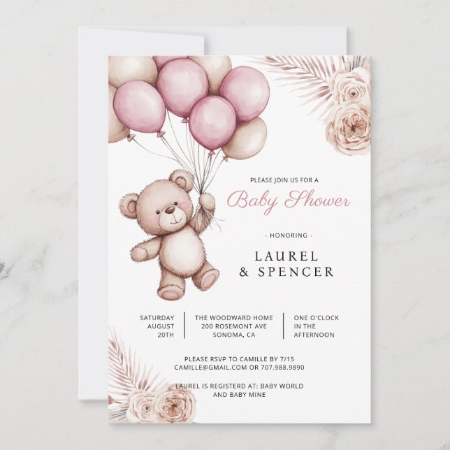 Boho Teddybjörn Ballonger Bebisens Första Dag Fira Inbjudningar (Framsida)