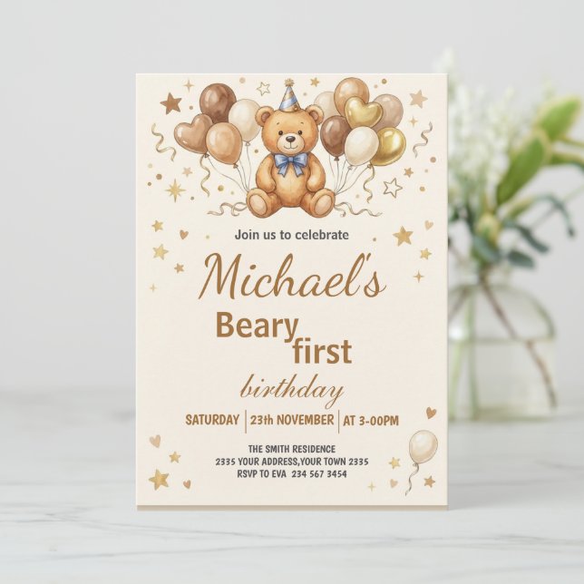 Boho Teddybjörn Beary Första 1:a Födelsedagsfirand Inbjudningar (Stående Fram)
