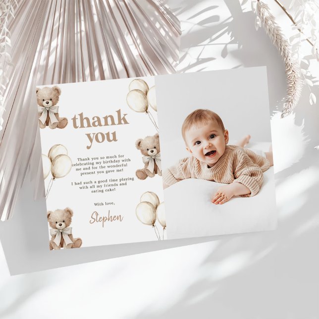Boho Teddybjörn Beary Första 1:a Födelsedagsfoto Tack Kort (Skapare uppladdad)