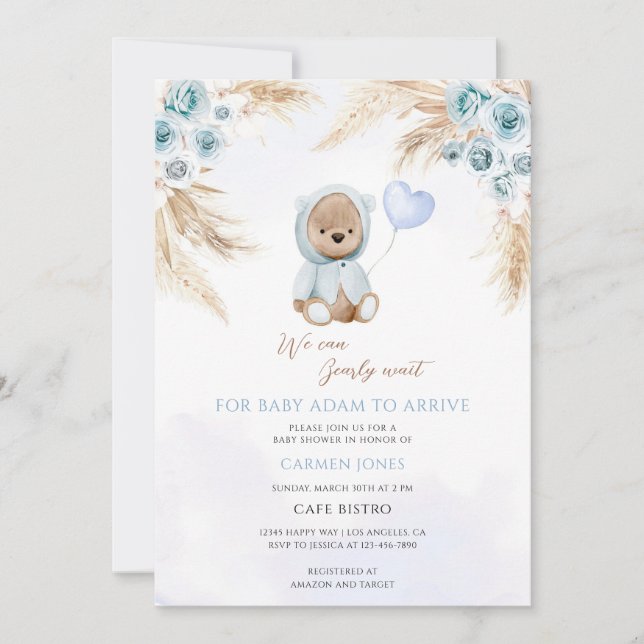 Boho Teddybjörn Bebis Shower Inbjudningar (Framsida)