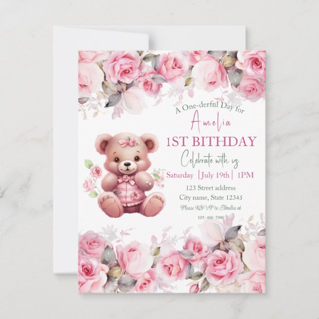 Boho Teddybjörn Flicka Rosa Björn Blommig Födelsed Inbjudningar (Framsida)