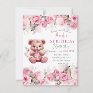 Boho Teddybjörn Flicka Rosa Björn Blommig Födelsed Inbjudningar