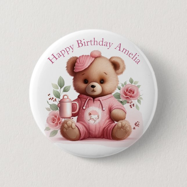 Boho Teddybjörn Flicka Rosa Björn Blommig Födelsed Knapp (Framsida)