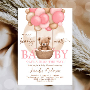 Boho Teddybjörn Flicka Rosa Nästan Väntar Baby Sho Inbjudningar