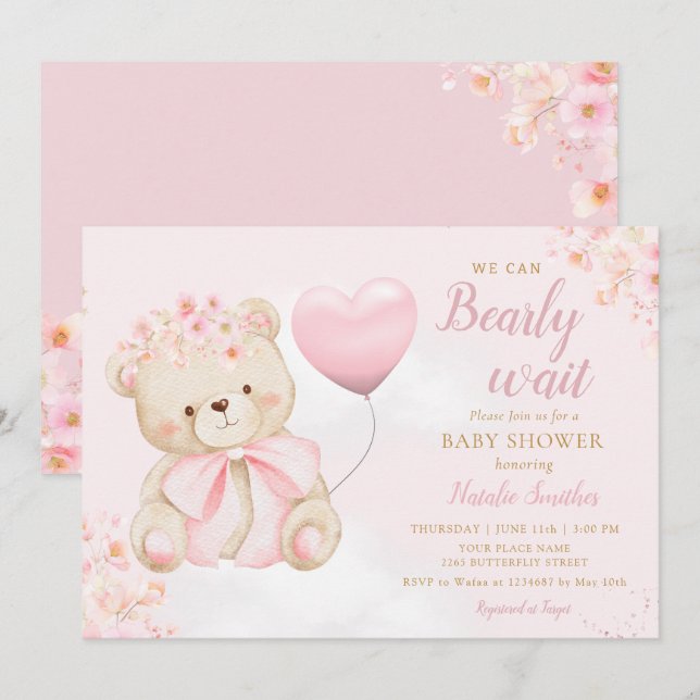 Boho Teddybjörn Flicka Rosa Nästan Väntar Bebis fi Inbjudningar (Fram/baksida)
