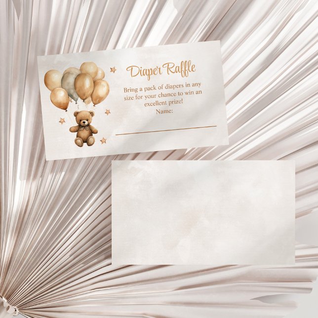 Boho Teddybjörn med ballonger Blöjdragning Tilläggskort (Boho Teddy Bear with Balloons Diaper Raffle Enclosure Card on a white dry palm leaf.)