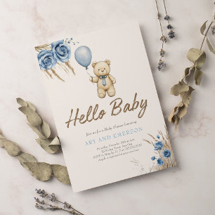 Boho Teddybjörn Pojke Blå Björn Knappt Väntar Bebi Inbjudningar