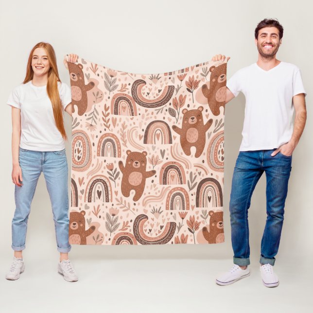 Boho Teddybjörn Regnbåge Brun Beige Rosafärgad Fleecefilt (På plats)