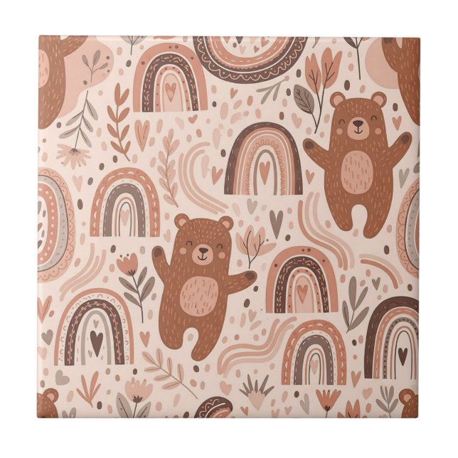 Boho Teddybjörn Regnbåge Brun Beige Rosafärgad Kakelplatta (Framsidan)