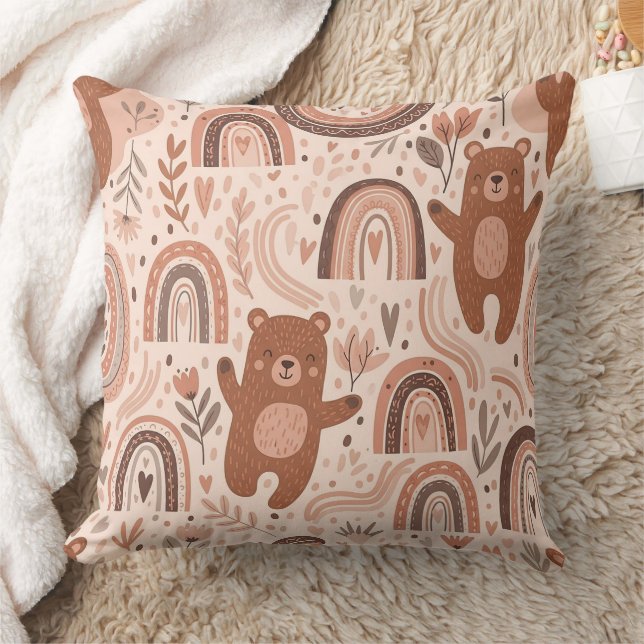 Boho Teddybjörn Regnbåge Brun Beige Rosafärgad Kudde (Filt)