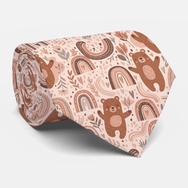 Boho Teddybjörn Regnbåge Brun Beige Rosafärgad Slips (Rullad)