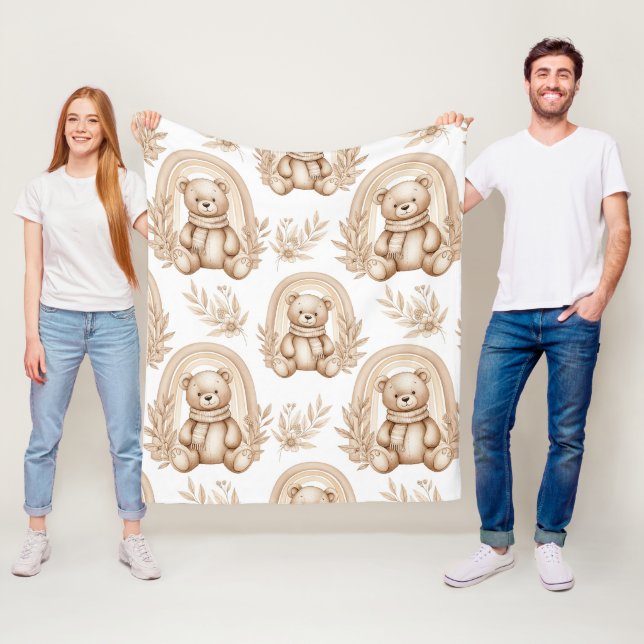 Boho Teddybjörn Regnbåge Neutral Blomma Fleecefilt (På plats)