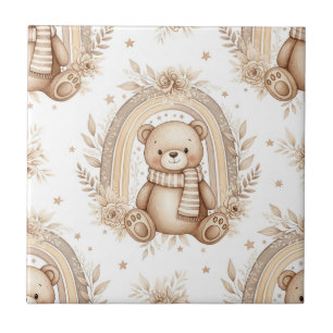 Boho Teddybjörn Regnbåge Neutral Blomma Kakelplatta