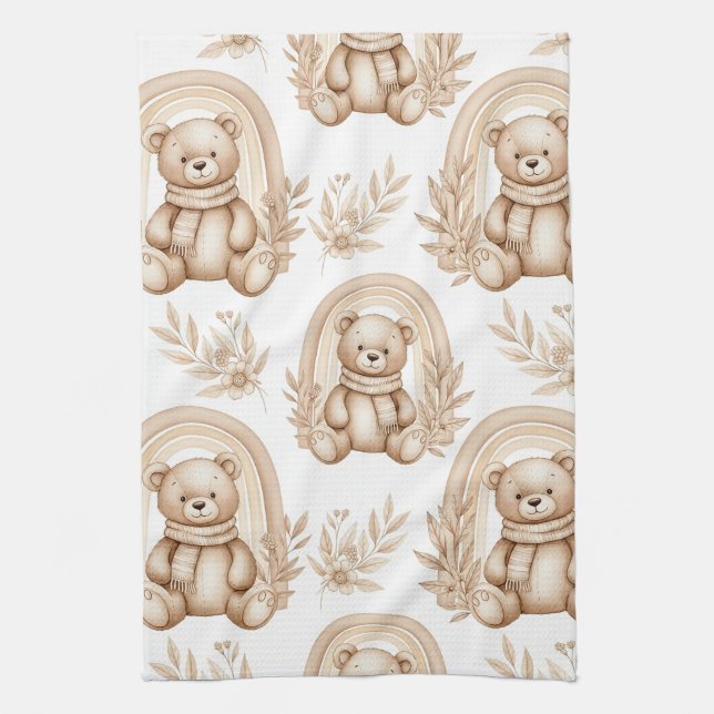 Boho Teddybjörn Regnbåge Neutral Blomma Kökshandduk (Vertikal)